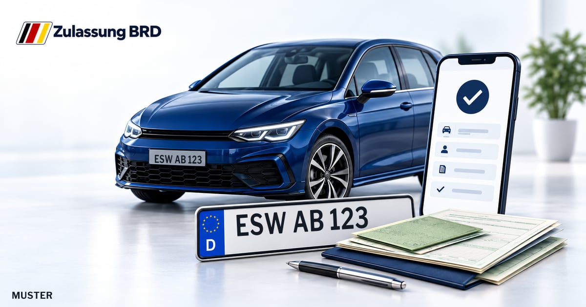 Online Fahrzeugzulassung in Bad Sooden-Allendorf: Musterkennzeichen ESW AB 123, Auto und Fahrzeugpapiere und Smartphone. Illustration mit Logo von Zulassung BRD.